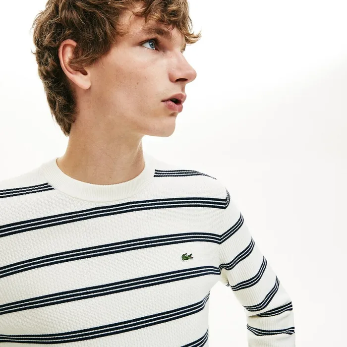 Sweaters Lacoste Mens Crewneck Pinstriped Wool and Cotton Sweater WhiteNavy Blue Shop Online