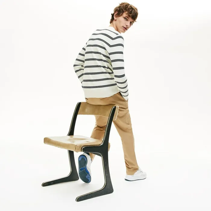 Sweaters Lacoste Mens Crewneck Pinstriped Wool and Cotton Sweater WhiteNavy Blue Shop Online