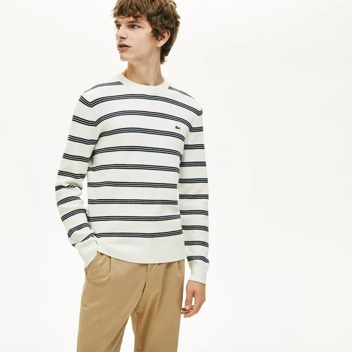 Sweaters Lacoste Mens Crewneck Pinstriped Wool and Cotton Sweater WhiteNavy Blue Shop Online