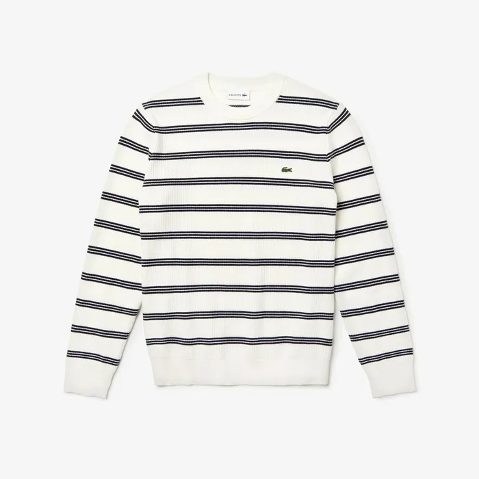 Sweaters Lacoste Mens Crewneck Pinstriped Wool and Cotton Sweater WhiteNavy Blue Shop Online