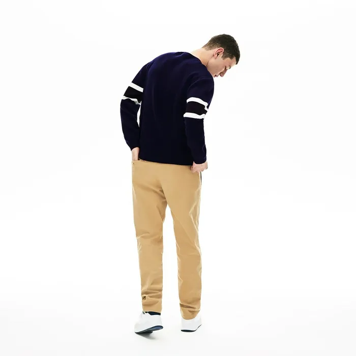 Sweaters Lacoste Mens Crewneck StripedSleeve Heathered Jacquard Sweater Navy BlueBlackWhiteYellow For Sale Online