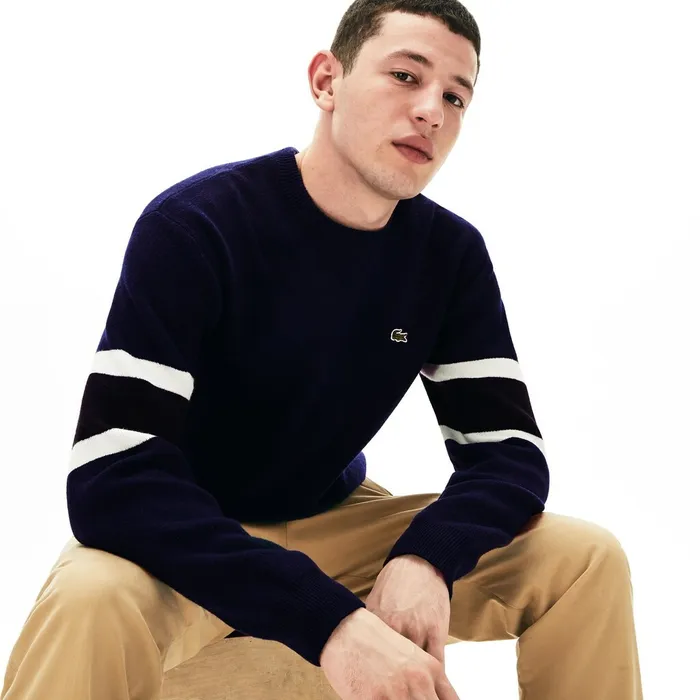 Sweaters Lacoste Mens Crewneck StripedSleeve Heathered Jacquard Sweater Navy BlueBlackWhiteYellow For Sale Online