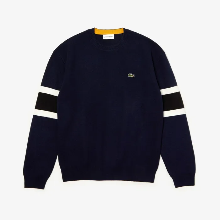 Sweaters Lacoste Mens Crewneck StripedSleeve Heathered Jacquard Sweater Navy BlueBlackWhiteYellow For Sale Online