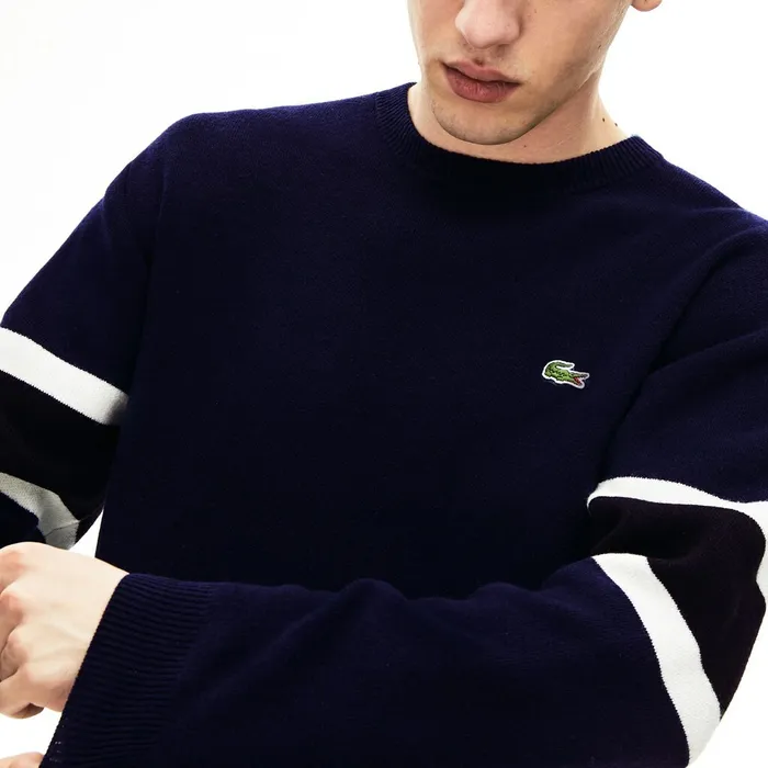 Sweaters Lacoste Mens Crewneck StripedSleeve Heathered Jacquard Sweater Navy BlueBlackWhiteYellow For Sale Online