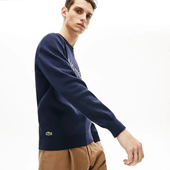 Sweaters Lacoste Mens Lettering Print Cotton Heritage Sweater Navy BlueGreen Shop Online