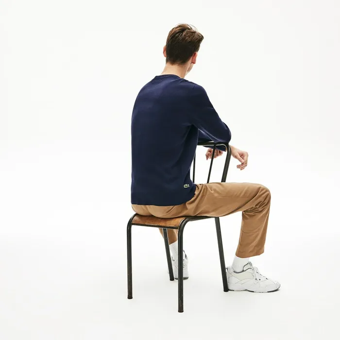 Sweaters Lacoste Mens Lettering Print Cotton Heritage Sweater Navy BlueGreen Shop Online