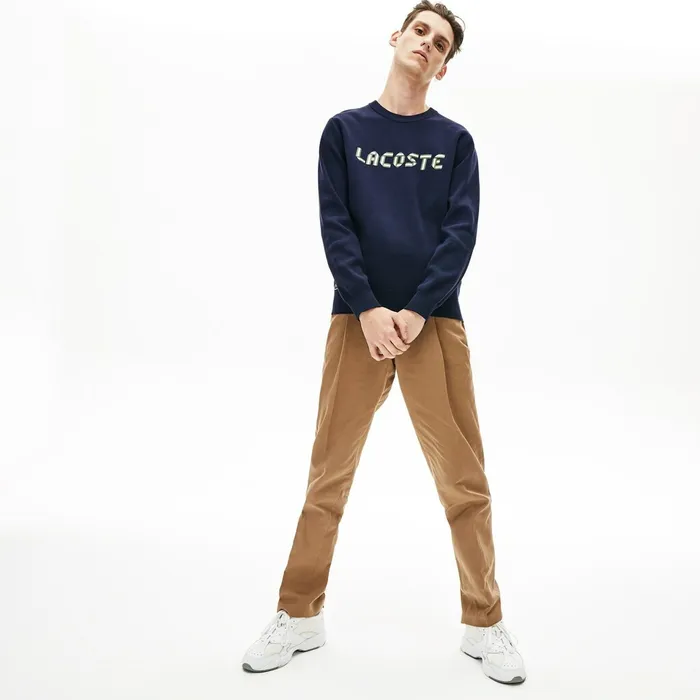 Sweaters Lacoste Mens Lettering Print Cotton Heritage Sweater Navy BlueGreen Shop Online