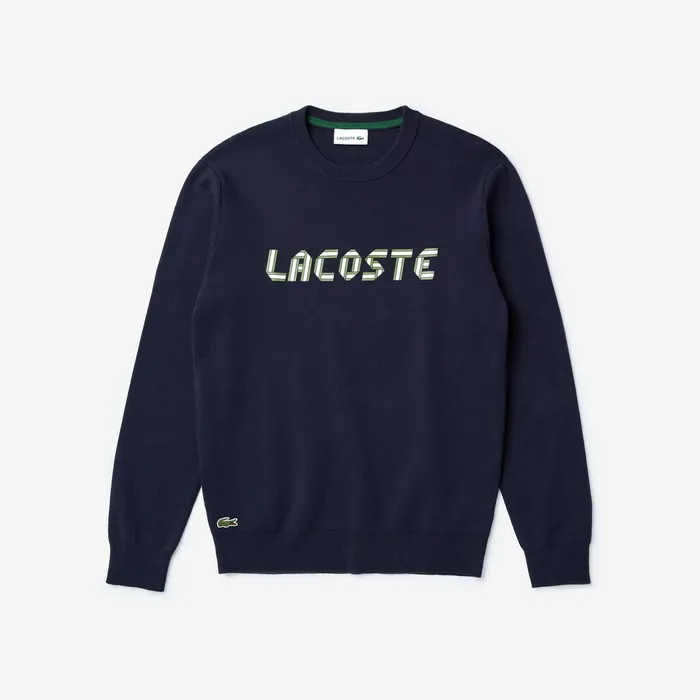 Sweaters Lacoste Mens Lettering Print Cotton Heritage Sweater Navy BlueGreen Shop Online