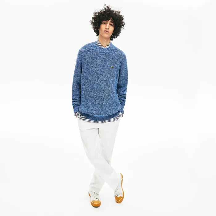 Sweaters Lacoste Mens LIVE Ribbed Heathered Cotton Crewneck Sweater Navy BlueWhite Shop Online