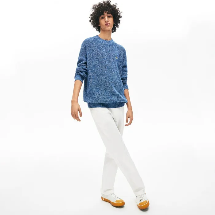 Sweaters Lacoste Mens LIVE Ribbed Heathered Cotton Crewneck Sweater Navy BlueWhite Shop Online