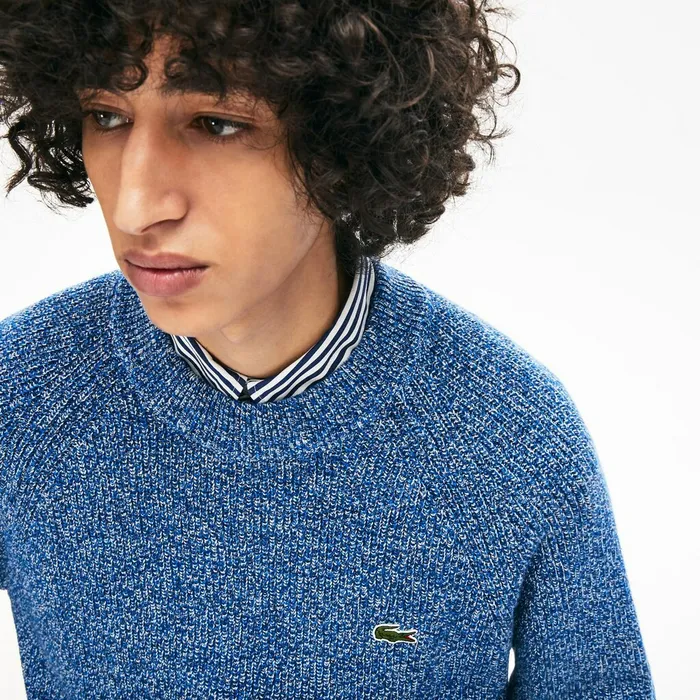 Sweaters Lacoste Mens LIVE Ribbed Heathered Cotton Crewneck Sweater Navy BlueWhite Shop Online