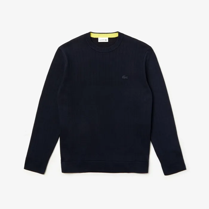 Sweaters Lacoste Mens Motion Thermoregulating Crewneck Sweater Navy BlueBlackYellow Online Store