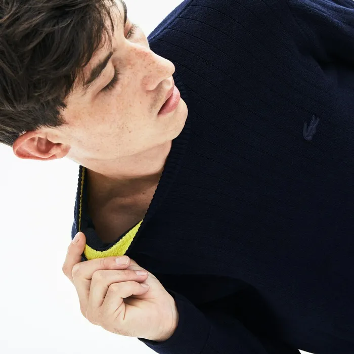 Sweaters Lacoste Mens Motion Thermoregulating Crewneck Sweater Navy BlueBlackYellow Online Store