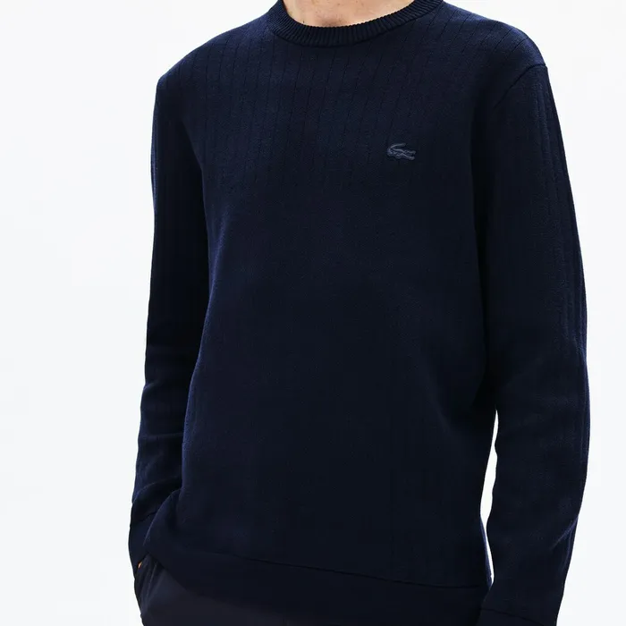 Sweaters Lacoste Mens Motion Thermoregulating Crewneck Sweater Navy BlueBlackYellow Online Store