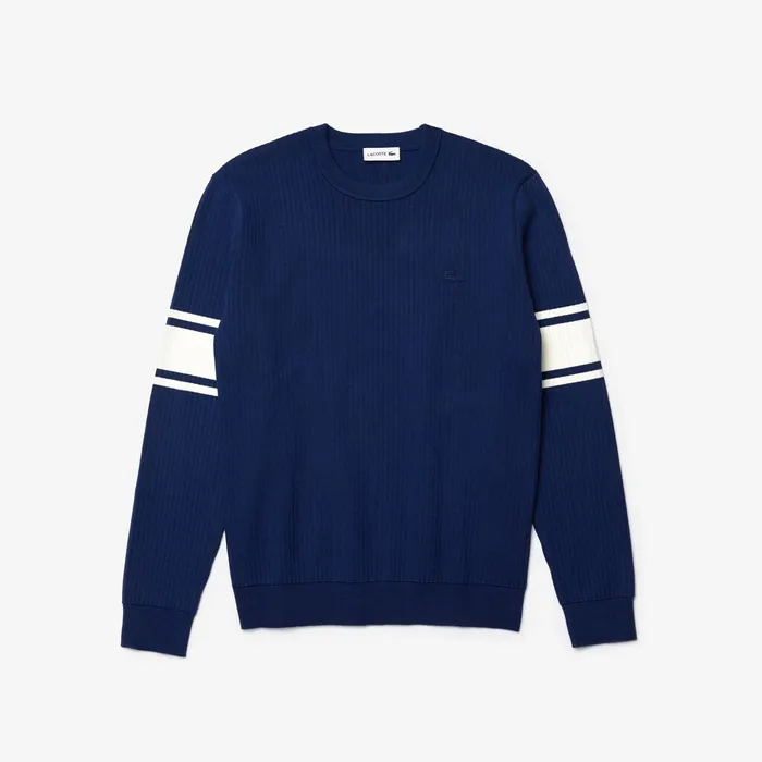 Sweaters Lacoste Mens Striped Sleeves Cotton And Linen Blend Crew Neck Sweater Navy BlueWhite Cheap On Sale