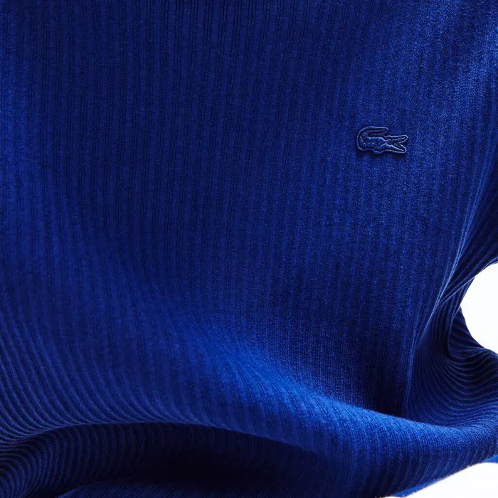 Sweaters Lacoste Mens Striped Sleeves Cotton And Linen Blend Crew Neck Sweater Navy BlueWhite Cheap On Sale