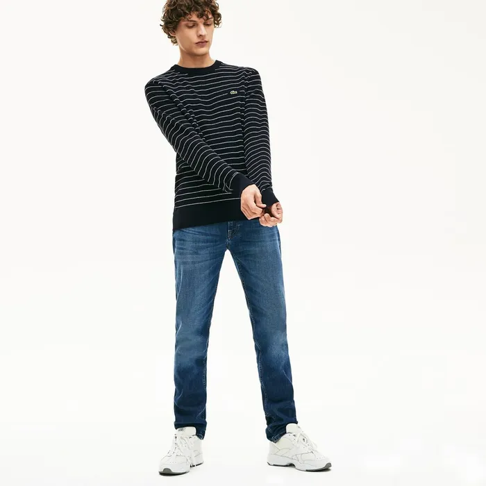 Sweaters Lacoste Mens Striped Textured Cotton Sweater Navy BlueWhite Outlet Factory