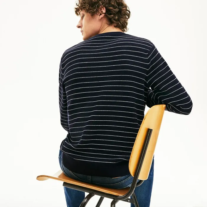 Sweaters Lacoste Mens Striped Textured Cotton Sweater Navy BlueWhite Outlet Factory