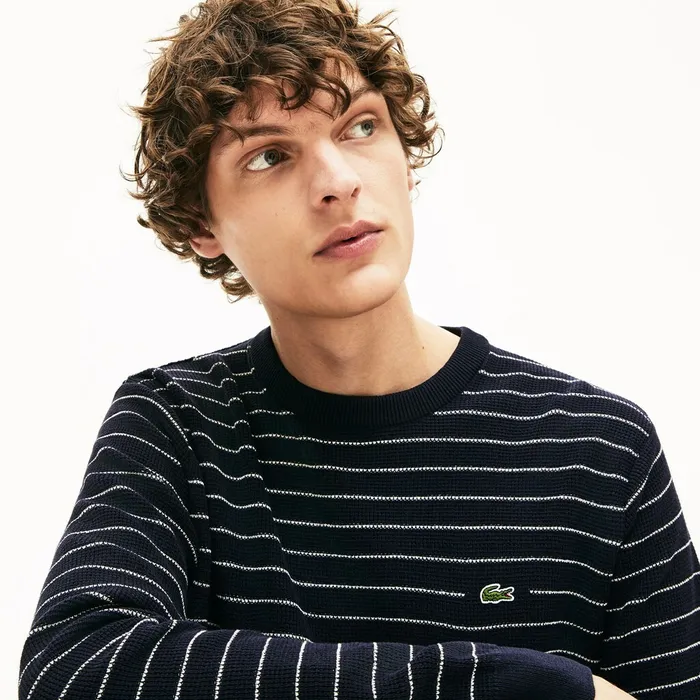 Sweaters Lacoste Mens Striped Textured Cotton Sweater Navy BlueWhite Outlet Factory