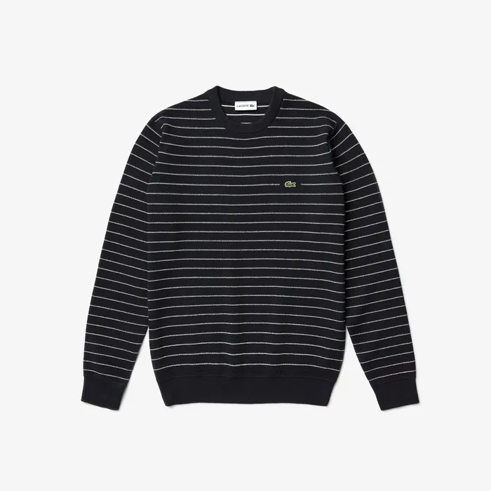 Sweaters Lacoste Mens Striped Textured Cotton Sweater Navy BlueWhite Outlet Factory