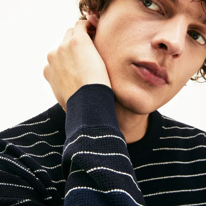 Sweaters Lacoste Mens Striped Textured Cotton Sweater Navy BlueWhite Outlet Factory