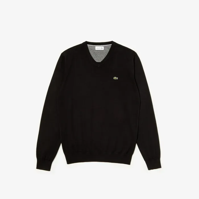 Sweaters Lacoste Mens Vneck Caviar Piqu Accent Cotton Jersey Sweater BlackWhiteBlack Shop Online