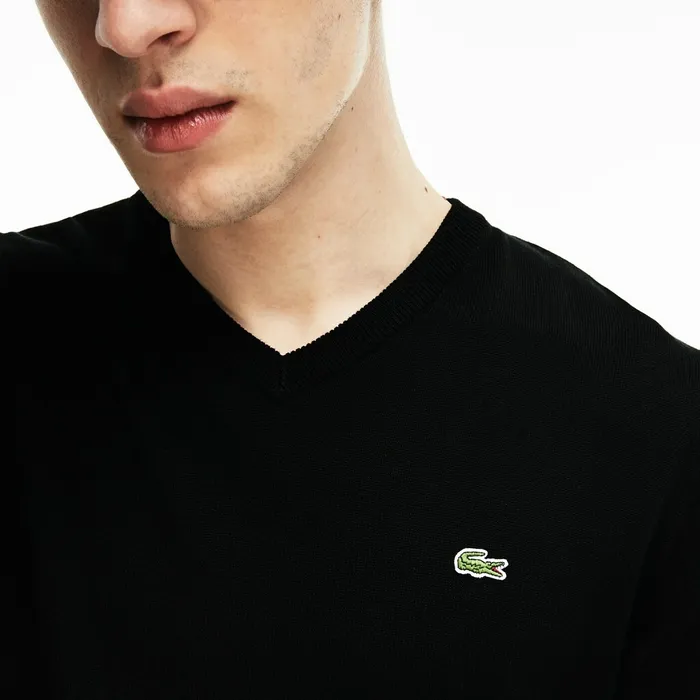 Sweaters Lacoste Mens Vneck Caviar Piqu Accent Cotton Jersey Sweater BlackWhiteBlack Shop Online