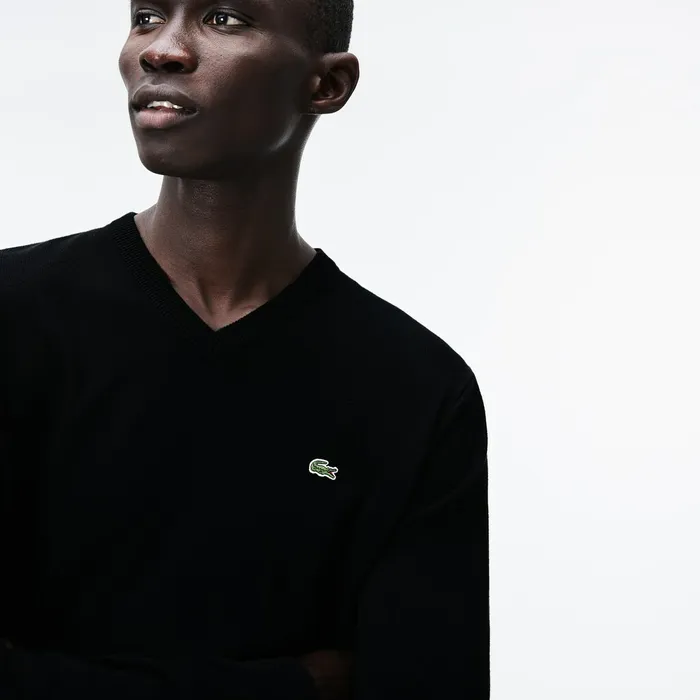 Sweaters Lacoste Mens Vneck Caviar Piqu Accent Cotton Jersey Sweater BlackWhiteBlack Shop Online
