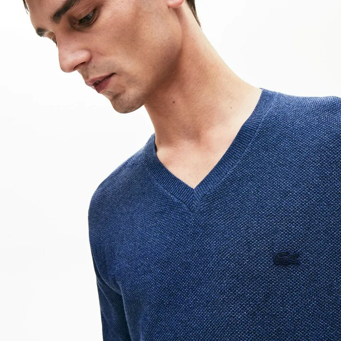 Sweaters Lacoste Mens Vneck Cotton Piqu Sweater Blue Chine For Sale