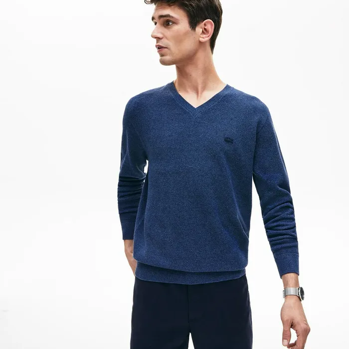 Sweaters Lacoste Mens Vneck Cotton Piqu Sweater Blue Chine For Sale