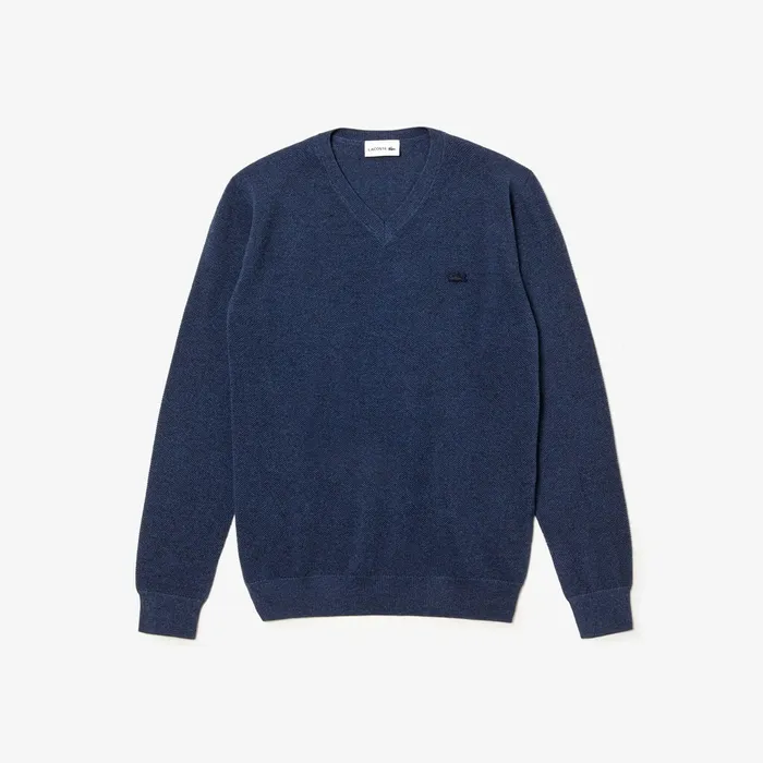 Sweaters Lacoste Mens Vneck Cotton Piqu Sweater Blue Chine For Sale