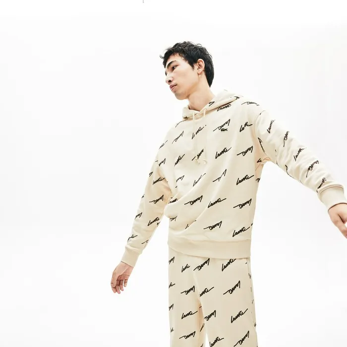 Sweatshirts Lacoste Mens LIVE Hooded Print Fleece Sweatshirt Beige Shop