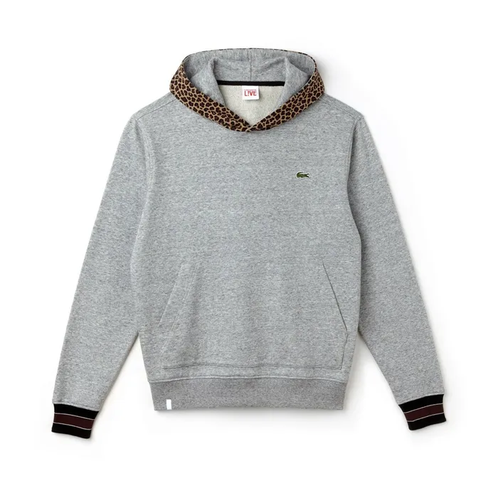 Sweatshirts Lacoste Mens LIVE Leopard Print Hood Fleece Sweatshirt Grey ChineWhite For Sale