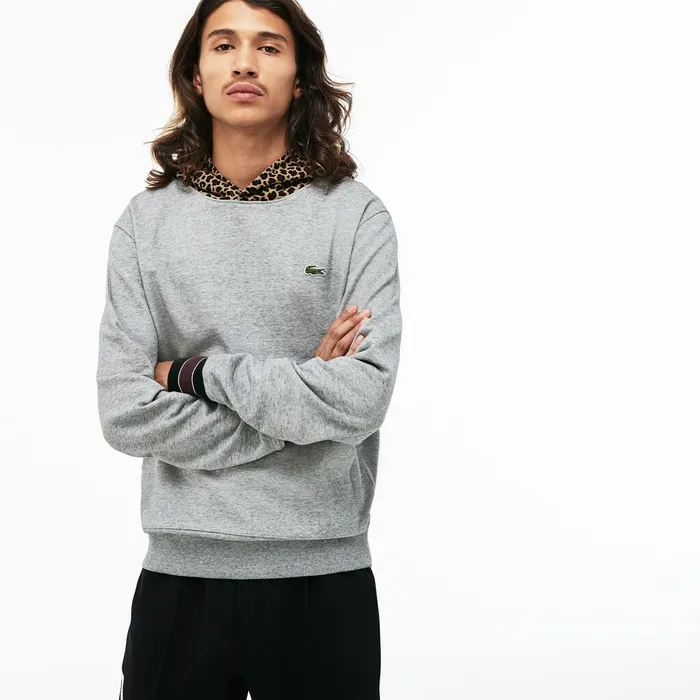 Sweatshirts Lacoste Mens LIVE Leopard Print Hood Fleece Sweatshirt Grey ChineWhite For Sale