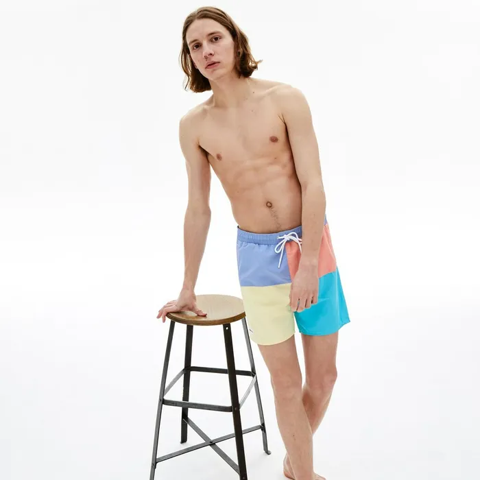 Swimwear Lacoste Mens Colorblock QuickDry Swim Shorts PurpleYellowPinkTurquoise Shop Online
