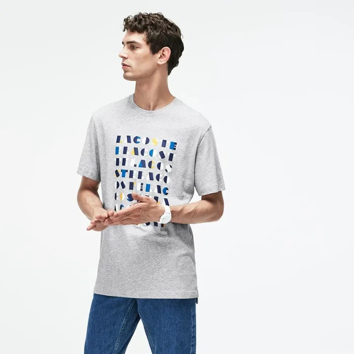 TShirts Lacoste Mens Crew Neck 3D Lettering Cotton Jersey Tshirt Grey Shop