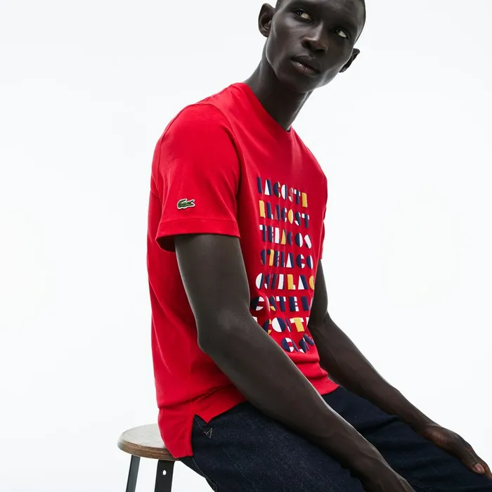 TShirts Lacoste Mens Crew Neck 3D Lettering Cotton Jersey Tshirt Red Online Outlet Store