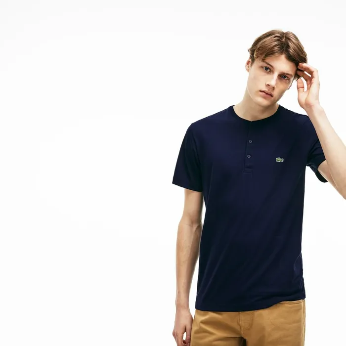 TShirts Lacoste Mens Regular Fit Pima Cotton Henley Tshirt Navy Blue Online Outlet Store