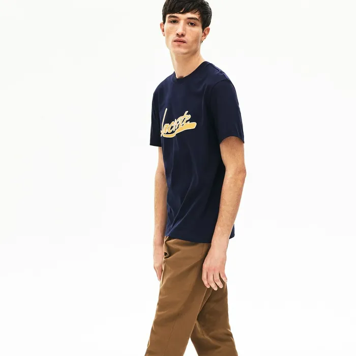 TShirts Lacoste Mens Regular Fit Script Crew Neck Cotton Tee Navy Blue On Sale