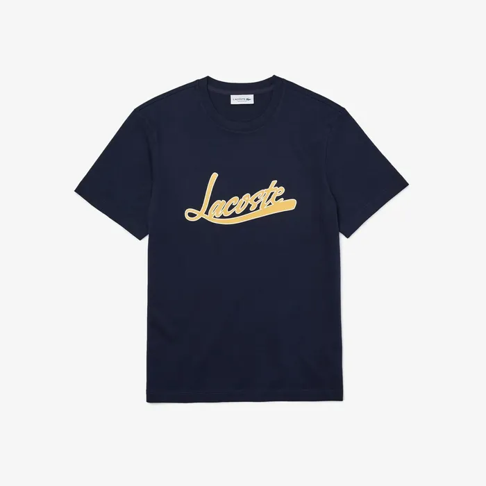 TShirts Lacoste Mens Regular Fit Script Crew Neck Cotton Tee Navy Blue On Sale