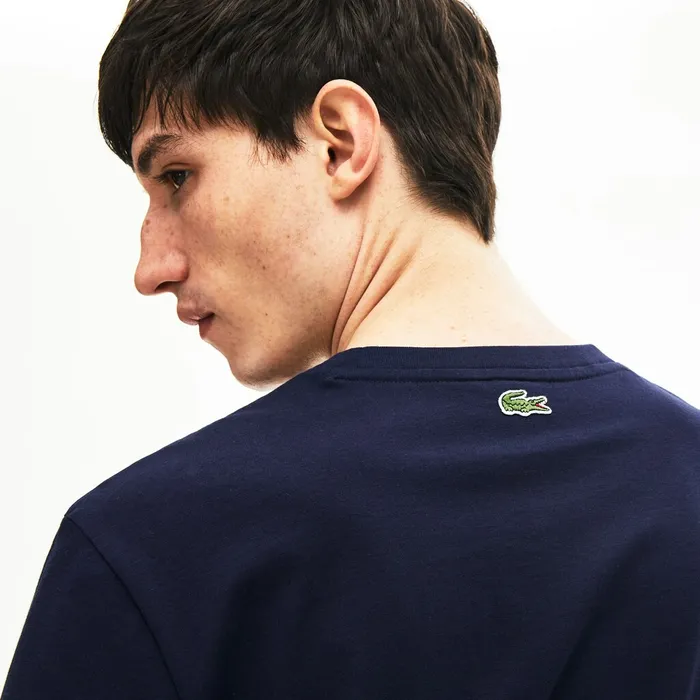 TShirts Lacoste Mens Regular Fit Script Crew Neck Cotton Tee Navy Blue On Sale