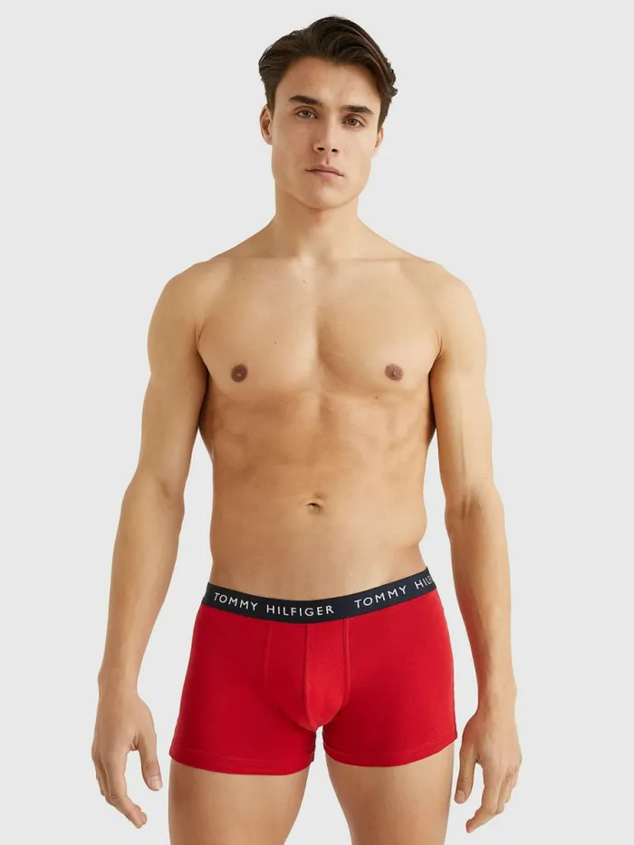 Tommy Hilfiger 3Pack Logo Waistband Trunks Des SkyPetrol BluePrim Red Mens Underwear Gift Ideas