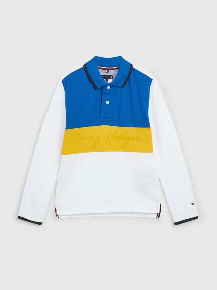 Tommy Hilfiger Adaptive ColourBlocked Long Sleeve Polo Bright White Boys TShirts and Polos Gift Ideas Tommy Hilfiger Adaptive ColourBlocked Long Sleeve Polo Bright White Boys TShirts and Polos Gift Ideas