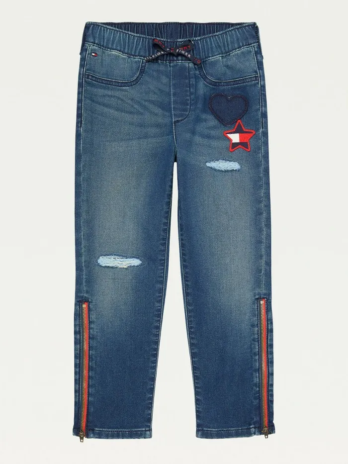 Tommy Hilfiger Adaptive Distressed Denim Joggers Medium Wash Girls Jeans Fashion