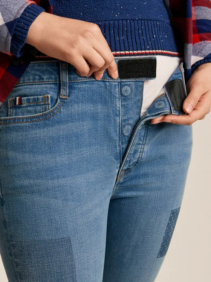 Tommy Hilfiger Adaptive High Rise Straight Patchwork Jeans Light Wash Womens Jeans Fashion
