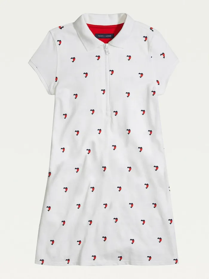 Tommy Hilfiger Adaptive Signature Heart Print Polo Dress Classic White Girls Dresses Popular