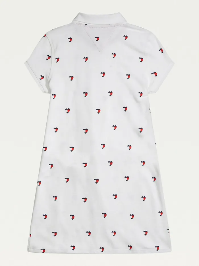 Tommy Hilfiger Adaptive Signature Heart Print Polo Dress Classic White Girls Dresses Popular
