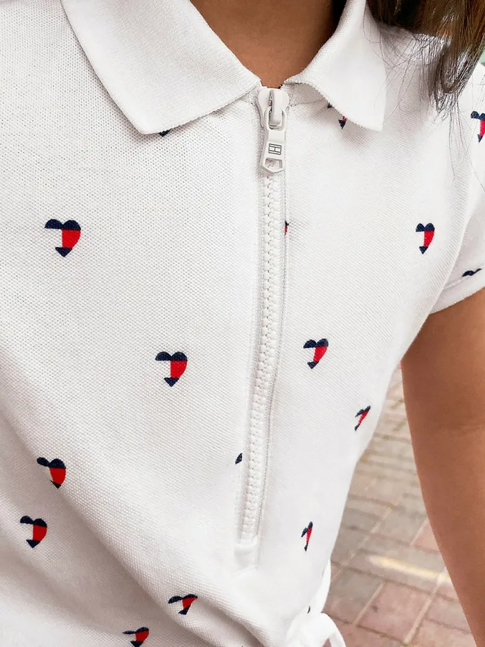 Tommy Hilfiger Adaptive Signature Heart Print Polo Dress Classic White Girls Dresses Popular
