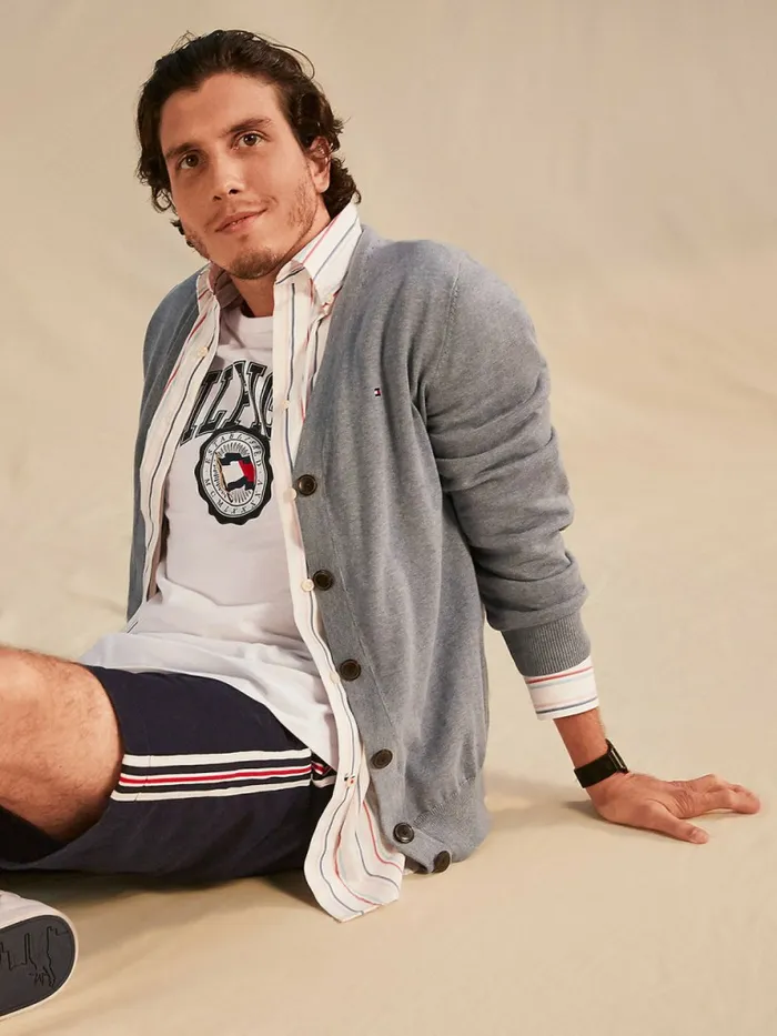 Tommy Hilfiger Adaptive Signature Pure Cotton Cardigan Blue Heather Mens Knitwear Online Tommy Hilfiger Adaptive Signature Pure Cotton Cardigan Blue Heather Mens Knitwear Online