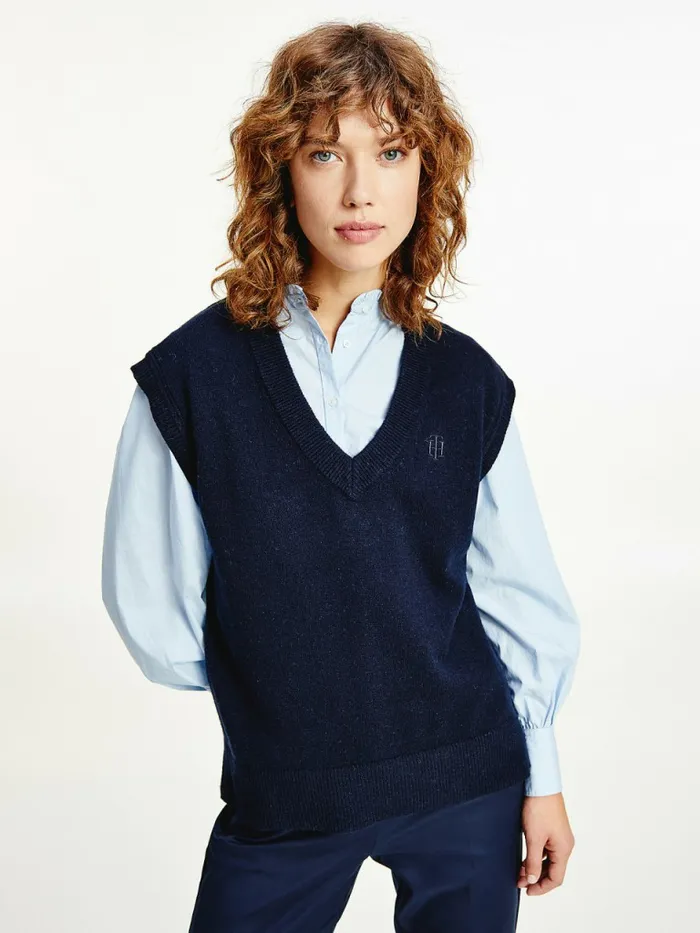 Tommy Hilfiger Alpaca Relaxed VNeck Short Sleeve Vest Desert Sky Womens Knitwear Cheap On Sale Tommy Hilfiger Alpaca Relaxed VNeck Short Sleeve Vest Desert Sky Womens Knitwear Cheap On Sale
